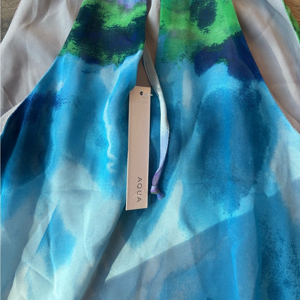 Aqua Blue Abstract Print Halter Chiffon Maxi Dress XS Boho Beach Wedding Guest - Picture 7 of 7